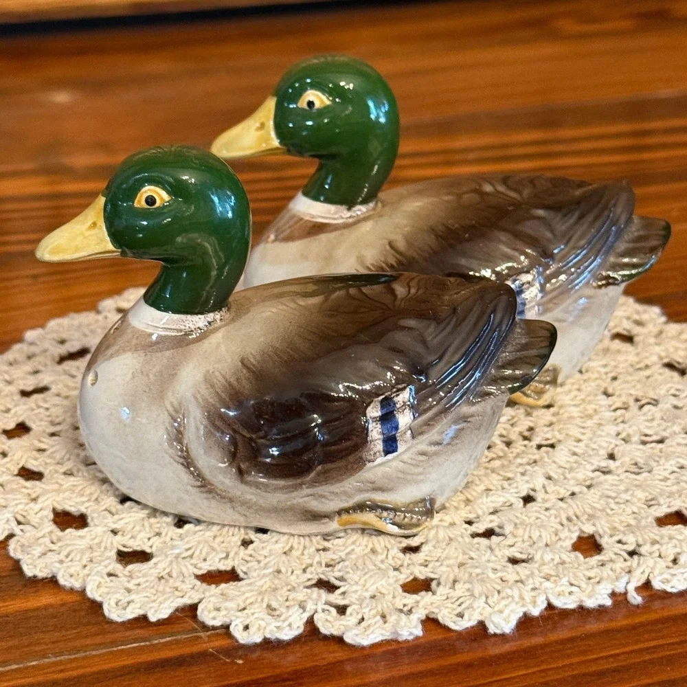 Otagiri Mallard Duck Salt Pepper Shakers Green Brown Excellent 1981